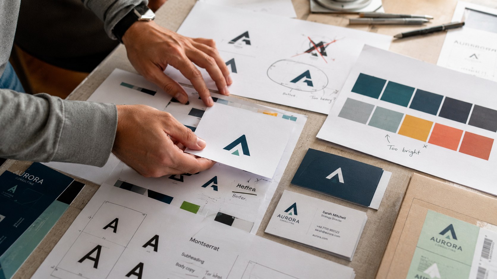 A designer's hands arranging brand identity materials on a desk, including logo sketches, a color palette board, and business cards for a client brand called Aurora Consulting