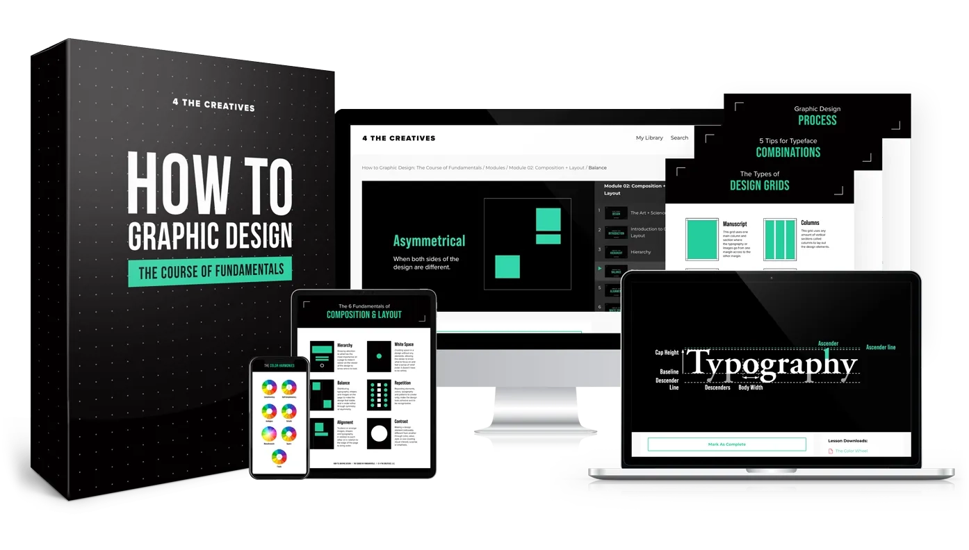Course box and screens for How to Graphic Design: The Course of Fundamentals, shown across desktop, tablet, and phone