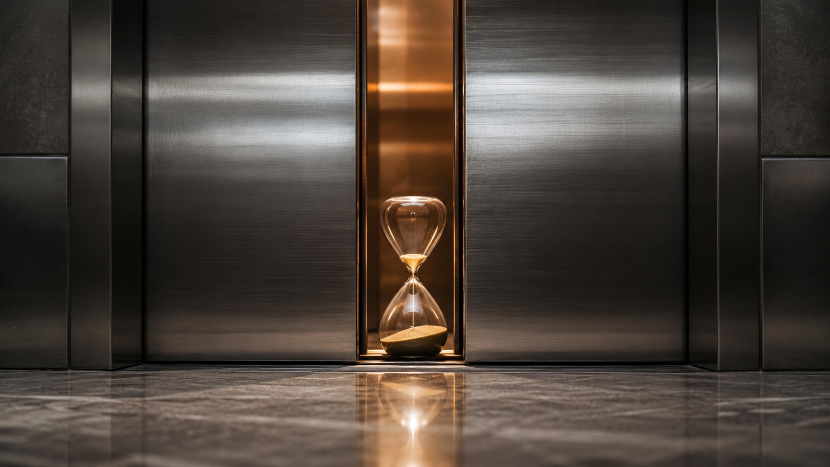 An hourglass filled with golden sand standing centered between the sliding doors of a sleek modern elevator