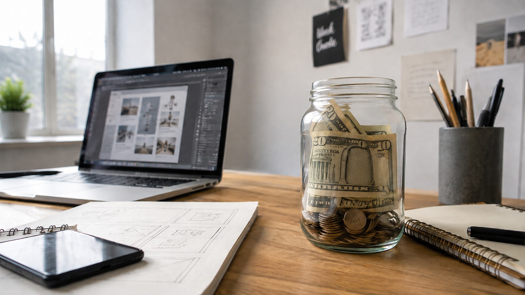 A designer's desk with a laptop open to design software, hand-drawn sketches, and a glass jar filled with cash and coins