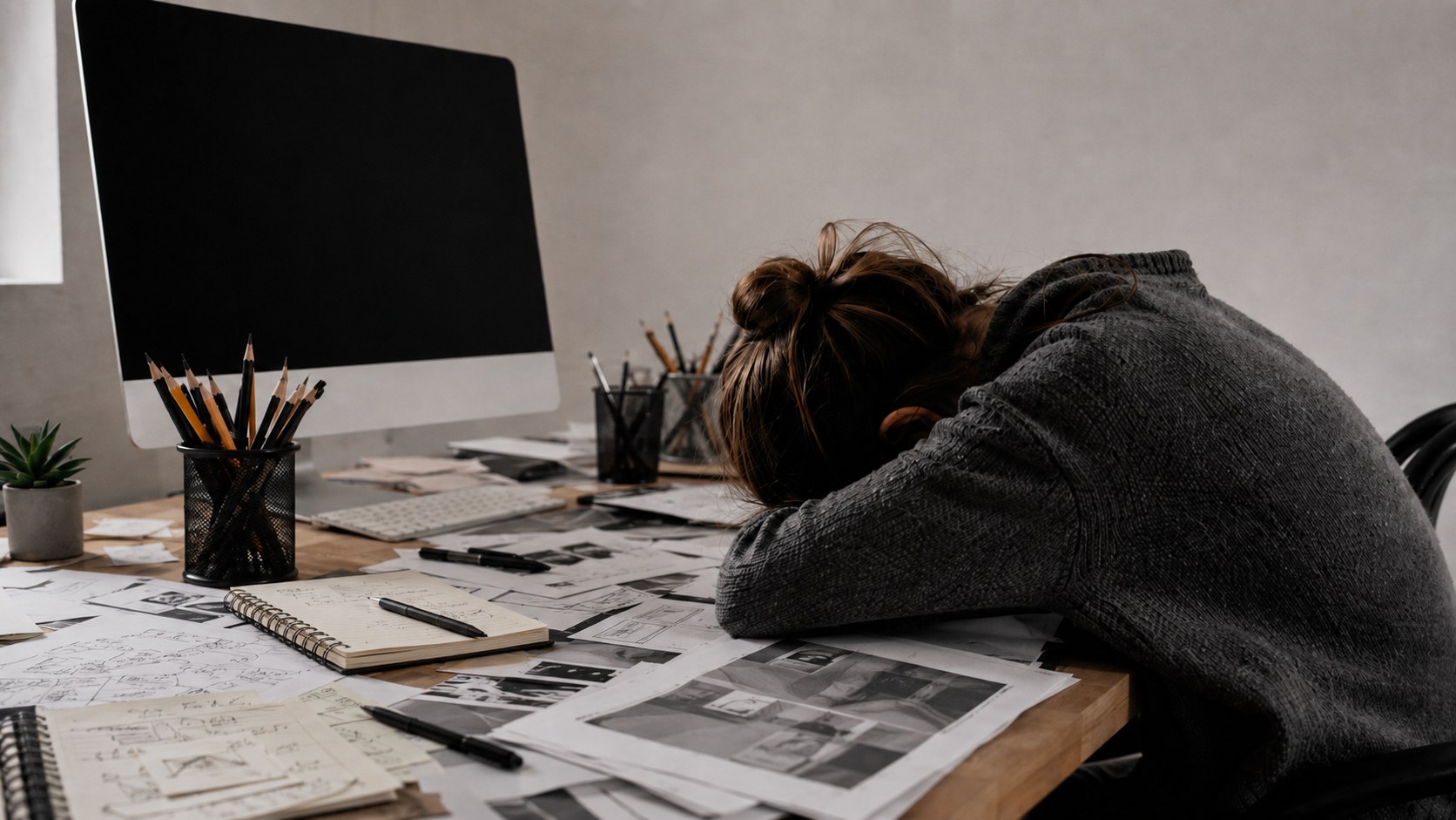 A freelance designer resting her head on a cluttered desk covered in sketches and printouts, beside a blank computer monitor