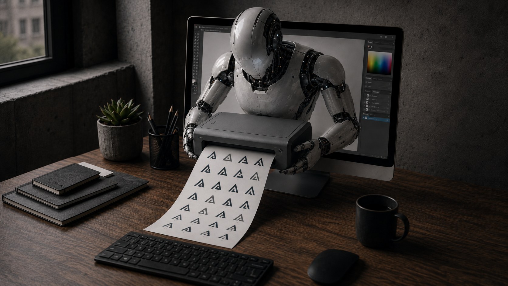 A robotic arm printing sheets of identical, repetitive logo marks from a printer connected to a monitor showing a design program